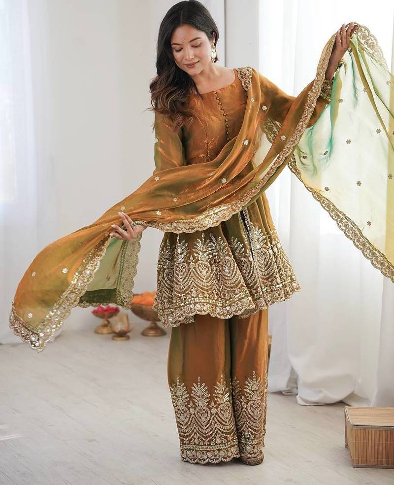 Olive green two tone fandy silk heavy embroidery sequins & mirror work fully stitched kurti palazzo set