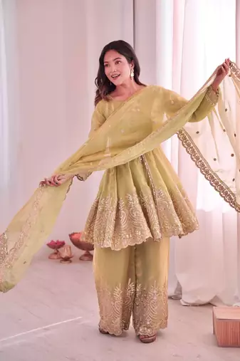 Pista green two tone fandy silk heavy embroidery sequins & mirror work fully stitched kurti palazzo set