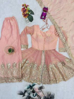 Peach two tone fandy silk heavy embroidery sequins & mirror work fully stitched kurti palazzo set 5