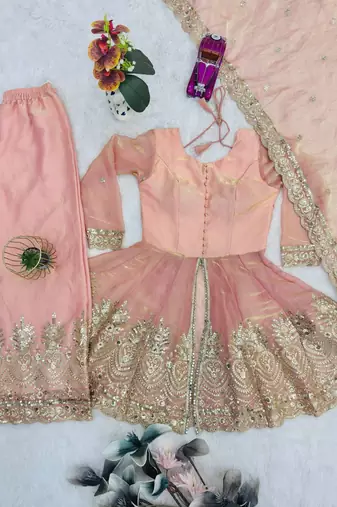 Peach two tone fandy silk heavy embroidery sequins & mirror work fully stitched kurti palazzo set
