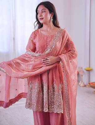 Blush pink two tone fandy silk heavy embroidery sequins & mirror work fully stitched kurti palazzo set 3