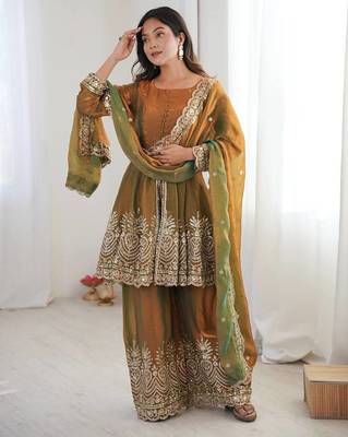 Olive green two tone fandy silk heavy embroidery sequins & mirror work fully stitched kurti palazzo set 3