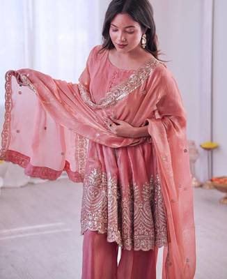Blush pink two tone fandy silk heavy embroidery sequins & mirror work fully stitched kurti palazzo set 4