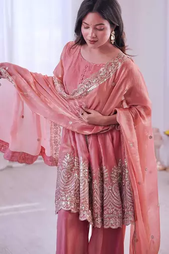 Blush pink two tone fandy silk heavy embroidery sequins & mirror work fully stitched kurti palazzo set