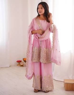 Baby pink two tone fandy silk heavy embroidery sequins & mirror work fully stitched kurti palazzo set 1