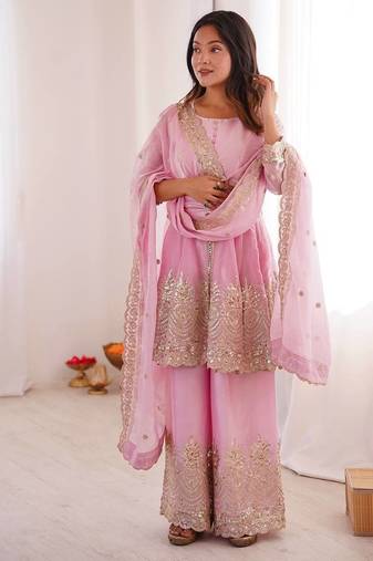 Baby pink two tone fandy silk heavy embroidery sequins & mirror work fully stitched kurti palazzo set