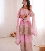 Baby pink two tone fandy silk heavy embroidery sequins & mirror work fully stitched kurti palazzo set