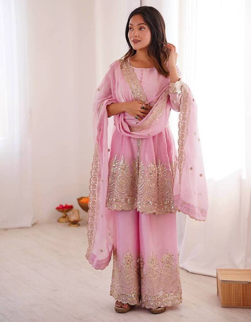 Baby pink two tone fandy silk heavy embroidery sequins & mirror work fully stitched kurti palazzo set