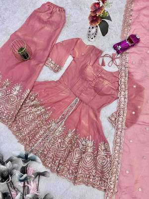 Blush pink two tone fandy silk heavy embroidery sequins & mirror work fully stitched kurti palazzo set 5