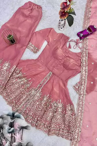 Blush pink two tone fandy silk heavy embroidery sequins & mirror work fully stitched kurti palazzo set