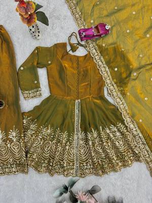 Olive green two tone fandy silk heavy embroidery sequins & mirror work fully stitched kurti palazzo set 5