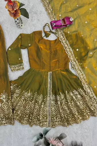 Olive green two tone fandy silk heavy embroidery sequins & mirror work fully stitched kurti palazzo set
