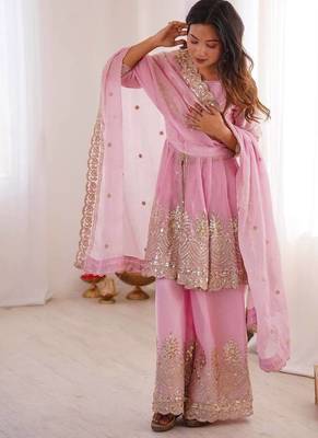 Baby pink two tone fandy silk heavy embroidery sequins & mirror work fully stitched kurti palazzo set 3