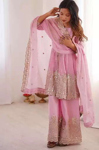 Baby pink two tone fandy silk heavy embroidery sequins & mirror work fully stitched kurti palazzo set
