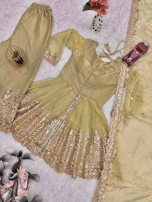 Pista green two tone fandy silk heavy embroidery sequins & mirror work fully stitched kurti palazzo set 5
