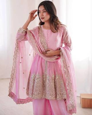 Baby pink two tone fandy silk heavy embroidery sequins & mirror work fully stitched kurti palazzo set 4