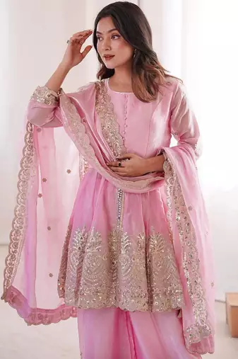 Baby pink two tone fandy silk heavy embroidery sequins & mirror work fully stitched kurti palazzo set