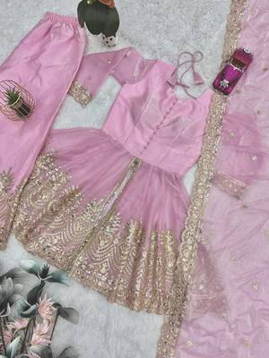 Baby pink two tone fandy silk heavy embroidery sequins & mirror work fully stitched kurti palazzo set 5
