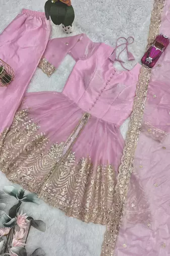 Baby pink two tone fandy silk heavy embroidery sequins & mirror work fully stitched kurti palazzo set