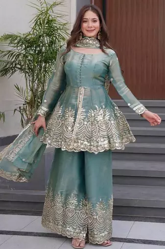 Sky blue two tone fandy silk heavy embroidery sequins & mirror work fully stitched kurti palazzo set