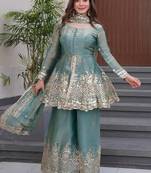 Sky blue two tone fandy silk heavy embroidery sequins & mirror work fully stitched kurti palazzo set