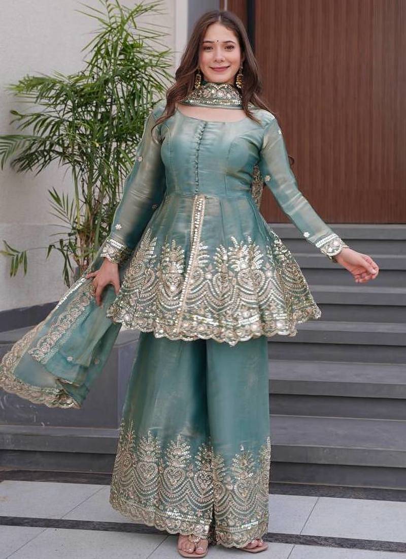 Sky blue two tone fandy silk heavy embroidery sequins & mirror work fully stitched kurti palazzo set