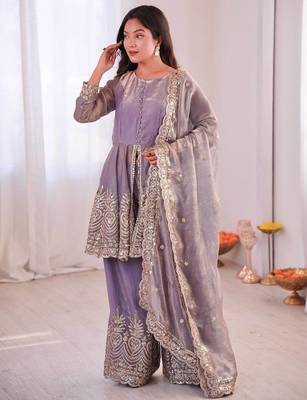 Lavender two tone fandy silk heavy embroidery sequins & mirror work fully stitched kurti palazzo set 1