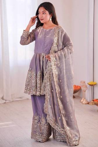 Lavender two tone fandy silk heavy embroidery sequins & mirror work fully stitched kurti palazzo set