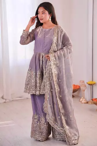 Lavender two tone fandy silk heavy embroidery sequins & mirror work fully stitched kurti palazzo set