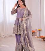 Lavender two tone fandy silk heavy embroidery sequins & mirror work fully stitched kurti palazzo set