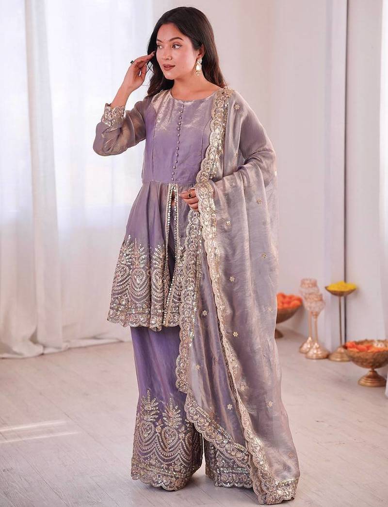 Lavender two tone fandy silk heavy embroidery sequins & mirror work fully stitched kurti palazzo set