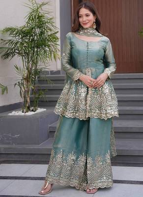 Sky blue two tone fandy silk heavy embroidery sequins & mirror work fully stitched kurti palazzo set 2