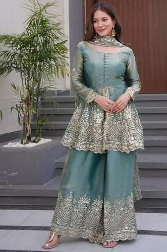 Sky blue two tone fandy silk heavy embroidery sequins & mirror work fully stitched kurti palazzo set