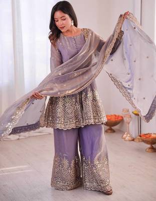 Lavender two tone fandy silk heavy embroidery sequins & mirror work fully stitched kurti palazzo set 2