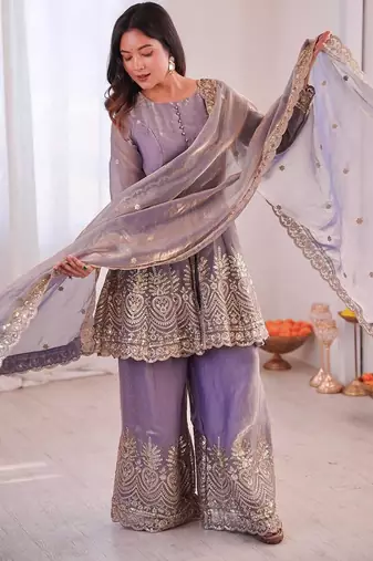 Lavender two tone fandy silk heavy embroidery sequins & mirror work fully stitched kurti palazzo set