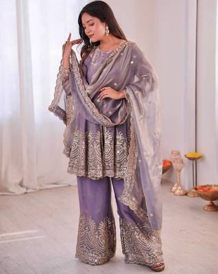 Lavender two tone fandy silk heavy embroidery sequins & mirror work fully stitched kurti palazzo set 3