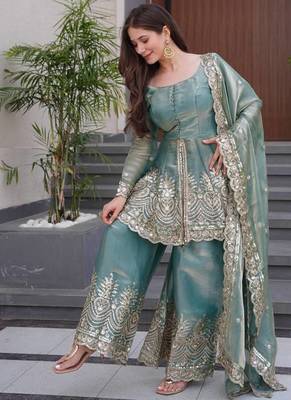 Sky blue two tone fandy silk heavy embroidery sequins & mirror work fully stitched kurti palazzo set 3