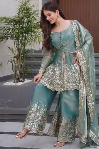 Sky blue two tone fandy silk heavy embroidery sequins & mirror work fully stitched kurti palazzo set