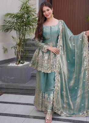 Sky blue two tone fandy silk heavy embroidery sequins & mirror work fully stitched kurti palazzo set 4