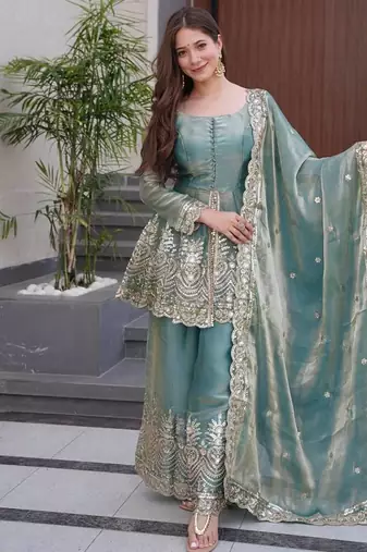 Sky blue two tone fandy silk heavy embroidery sequins & mirror work fully stitched kurti palazzo set