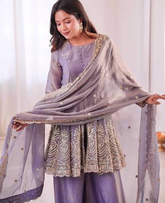 Lavender two tone fandy silk heavy embroidery sequins & mirror work fully stitched kurti palazzo set 4