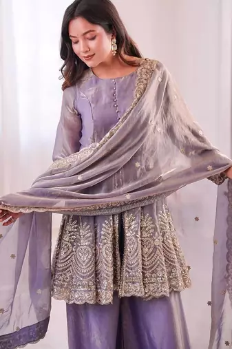 Lavender two tone fandy silk heavy embroidery sequins & mirror work fully stitched kurti palazzo set