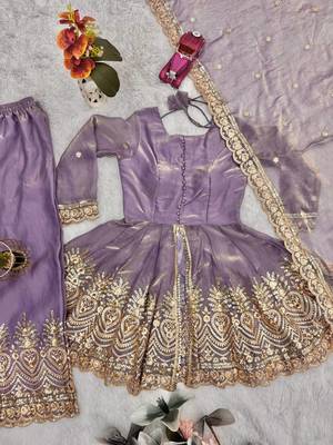 Lavender two tone fandy silk heavy embroidery sequins & mirror work fully stitched kurti palazzo set 5