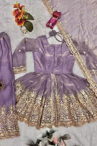 Lavender two tone fandy silk heavy embroidery sequins & mirror work fully stitched kurti palazzo set