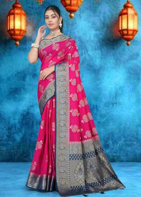 Rani Pink Soft Crepe Saree with Rich Zari Weaving & Navy Blue Contrast Border | Unstitched Blouse Piece by Maharanga 1