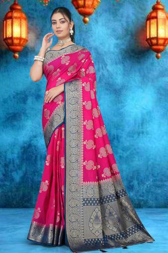 Rani Pink Soft Crepe Saree with Rich Zari Weaving & Navy Blue Contrast Border | Unstitched Blouse Piece by Maharanga