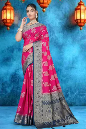 Rani Pink Soft Crepe Saree with Rich Zari Weaving & Navy Blue Contrast Border | Unstitched Blouse Piece by Maharanga