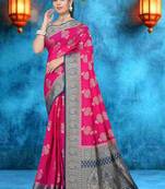 Rani Pink Soft Crepe Saree with Rich Zari Weaving & Navy Blue Contrast Border | Unstitched Blouse Piece by Maharanga