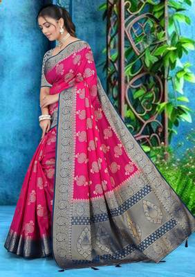 Rani Pink Soft Crepe Saree with Rich Zari Weaving & Navy Blue Contrast Border | Unstitched Blouse Piece by Maharanga 2