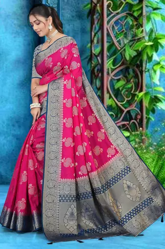 Rani Pink Soft Crepe Saree with Rich Zari Weaving & Navy Blue Contrast Border | Unstitched Blouse Piece by Maharanga